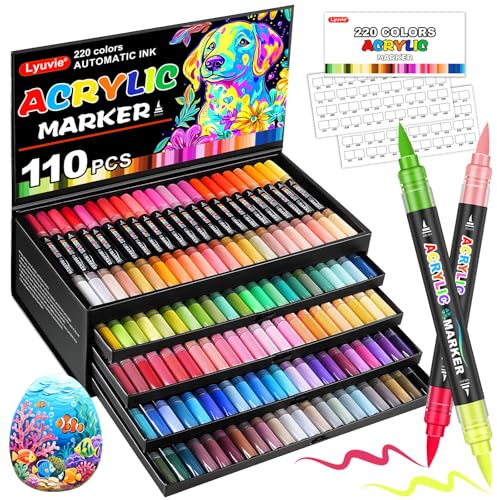 Lyuvie 220 Colores Rotuladores Acrilicos Set,110 Unid Acrylic Paint Brush Markers de Pincel, Rotuladores Acrílicos Permanentes para Pintar Piedras Tela Madera Vidrio Papel Plástico