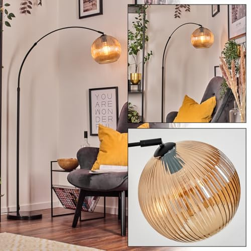 HOFSTEIN Stehleuchte Koyoto, Stehlampe aus Metall/Riffelglas in Schwarz/Bernstein mit Marmorfuß, verstellbare Leuchte im Retro-Design (Schirm Ø 25 cm), Fußschalter, E27, Wohnzimmer, Schlafzimmer, Flur