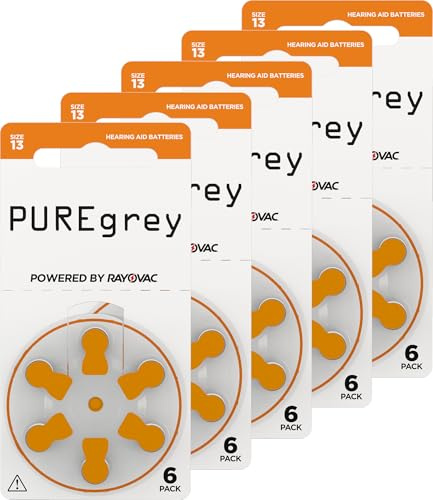 PUREgrey Hörgerätebatterien Typ 13-30 Stück Hörgeräte Batterien konzipiert für höchste Leistung – Pack mit 5 Blistern à 6 Hörgerätebatterien – PR48 Farbcode orange 1,45 Volt