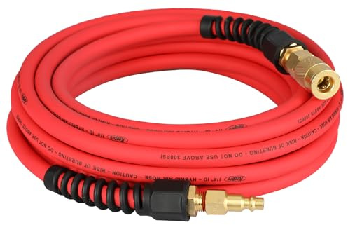 Keepro Hybrid Air Hose, Flexible 1/4 Inch ID By 25 Feet Long Air Compressor Hose with Repairable Solid Brass 1/4 Industrial Quick Coupler and Plug, 300 PSI Maximum Pressure, Red