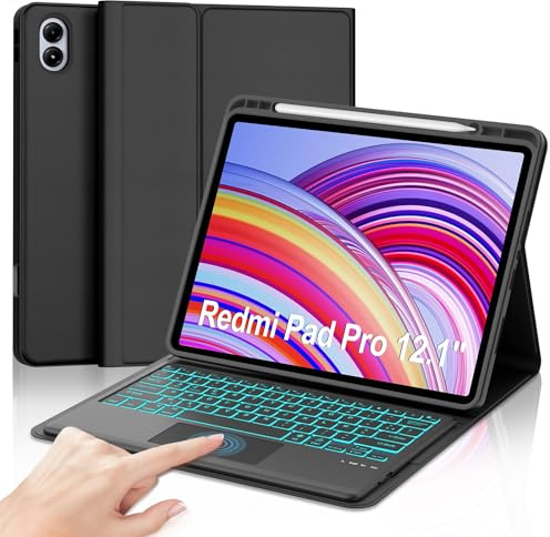 Coque Clavier pour Redmi Pad Pro 12.1 Pouces avec Pavé Tactile, AZERTY Français Clavier Bluetooth Magnétique Détachable avec 7 Couleurs Rétroéclairées pour Tablette Xiaomi Poco Pad 12.1 2024, Noir