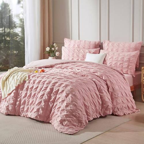 Luofanfei Seersucker Bettwäsche 135x200 Sommer Rosa Gestreift Kariert | Kühlende Uni Muster Microfaser Atmungsaktiv Leicht Wende Bettwäscheset und Kissenbezug 80x80 cm mit Reissverschluss Bügelfrei