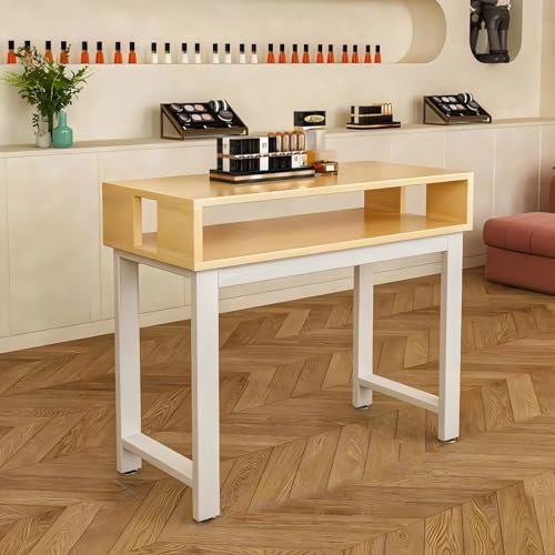 LAITEGOG Mesa de Manicura,Mesa de Manicura con Patas Metálicas,Cajones,Estación de Trabajo de Uñas de Madera para Salones de Belleza SPA(Wood Color-A,31IN)