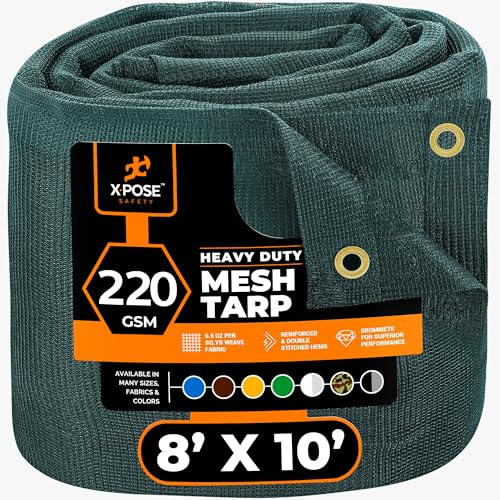 Xpose Safety Heavy Duty Green Mesh Tarp 8' x 10' – 70% Sunblock Shade Cloth with Grommets for Garden, Fence, Privacy Screen, Canopies, Dump Trucks, Pool Cover – Tear & Weather Resistant