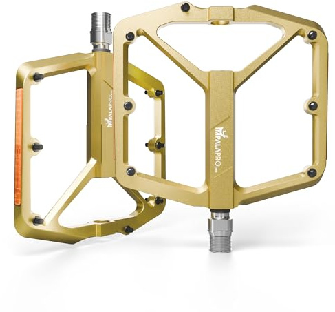 IMPALAPRO Pedali Bici Flat con Riflettori in Alluminio CNC 9/16” – Pedali MTB Flat con Ampia Piattaforma e Pin Antiscivolo Rimovibili – Pedali Bici Corsa Leggeri 355 g (dorato)