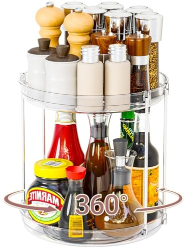 2 Tier Lazy Susan Turntable Organizer, Detachable & Rotating Spice Rack Organization for Cabinet, Kitchen, Pantry, Countertop, Bathroom, Vanity, Medicine Cabinet Organizer, Clear