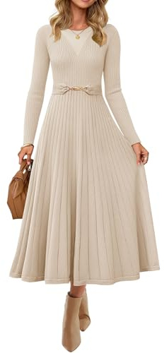 ZESICA Women's Long Sleeve Midi Sweater Dress 2026 Fall Crewneck Knit A Line Pleated Flowy Long Dresses with Belt,Apricot,Medium