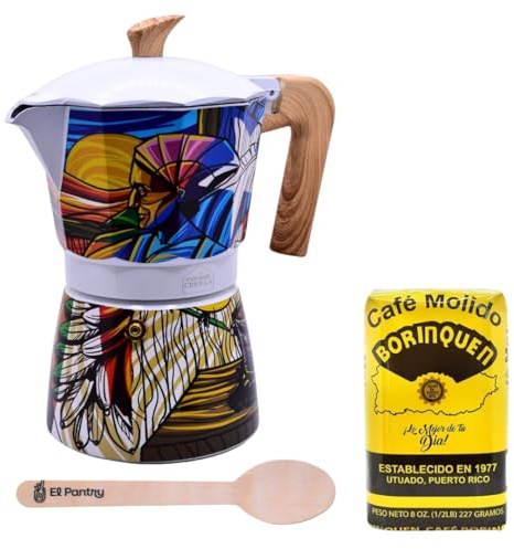 El Pantry Puerto Rico Greca de Cafe Gift Set | Boricua Art Stovetop Coffee Maker & Moka Pot | with Authentic Cafe Borinquen | Cafetera, 6 Espresso Cups (Cafe Borinquen)