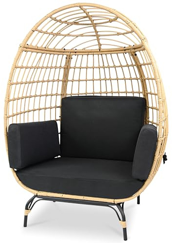 SereneLife Wicker Rattan Egg Chair with Cushions, Indoor Outdoor Egg Chair with Steel Frame and Washable Pillows, Woven Texture, Comfortable Design for Porch, Deck, Garden, or Room, Holds Up to 440lbs