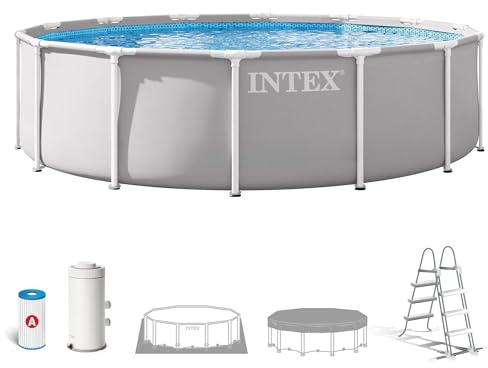 Intex - Piscina Desmontable, Gris, D427x107 cm, Capacidad para 12.706 litros, Escalera, Tapiz, Cobertor, Estructura metálica, Montaje 45 Minutos, Conexiones Ø32 mm (56083)
