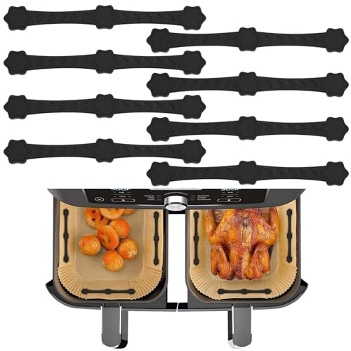 AUAUY 8PCS Air Fryer Silicone Magnet Clips, Heat-Resistant Safety Buckle to Secure Parchment Liners, 12.5CM Long Fastening Clips, Prevent Paper from Burning Food, Fit All Iron-Basket Models (Black)