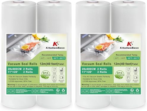 KitchenBoss Sacs Sous Vide Alimentaire：2 Rouleaux 28x600cm, Rouleau Sous Vide Alimentaire Convient à L'appareil de Mise sous Vide, Sac Sous Vide pour la Cuisson, Sachet Sous Vide Alimentaire sans BPA