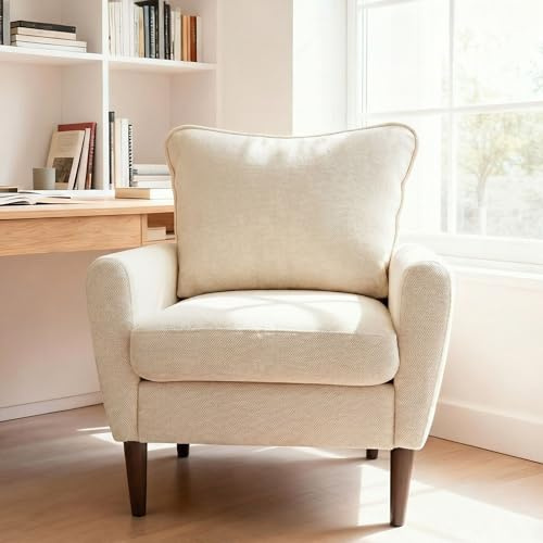OLIXIS Comfy Accent Chair for Living Room Bedroom and Waiting Room, Upholstered Mid-Century Reading Chair with Pillow and Solid Wood Legs, Wide Singe Modern Lounge Sofa (Beige, 2 Pack)