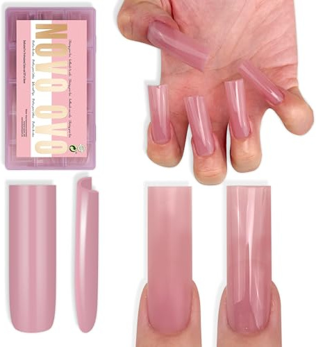 NOVO OVO Long Sharp Square Nail Tips Press on Pure Color Berry PINK, extra tjock NEED Builder Gel & Top Coat & Lim, mjuk gelmatt syntetisk nagelförlängning för gör-det-själv 15 storlekar, 180 stycken