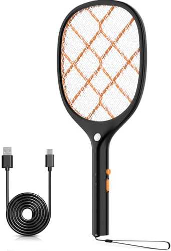 YISSVIC Racchetta Zanzare Elettrica 4000V, USB Ricaricabile, Luce LED, Protezione Maglia a 3 Strati Scacciamosche Elettrica Adatto per Casa Cucina Interni e Esterni Nero/Arancione