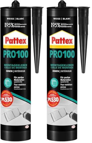 Pattex PRO 100 Montagekleber, geruchsneutraler und lösemittelfreier Kleber für Holz und mehr*, Baukleber mit starker Anfangshaftung, weiß, 1x400g Kartusche (Packung mit 2)