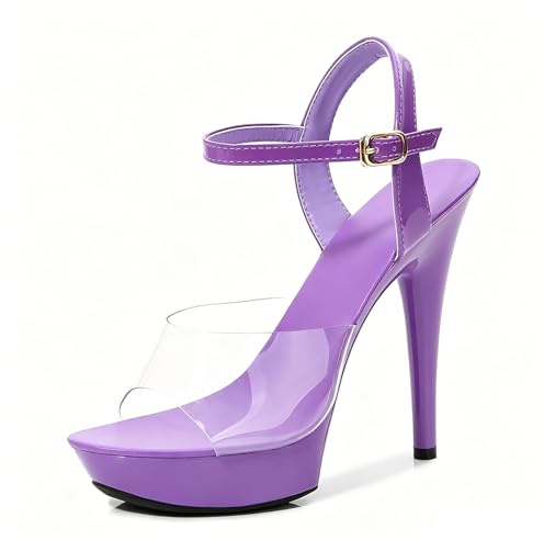 Vosswear Sandalias de Tacón Alto y Plataforma para Mujer, Tacón de Aguja 13cm/5.11, Correa de Tobillo Ajustable, Punta Abierta Transparente, Zapatos de Fiesta y Noche,Púrpura,41 EU
