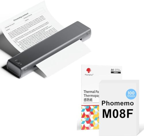 Phomemo M08F A4 Grau Tragbarer Drucker mit 100 Blatt A4 Thermopapier, Kabelloser Bluetooth Mobildrucker für Reisen, Auto, Büro & Zuhause