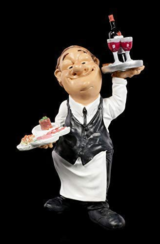 Karrikatur Funny Job Figur - Kellner mit Schlemmereien | Witzige Dekofigur, handbemalt
