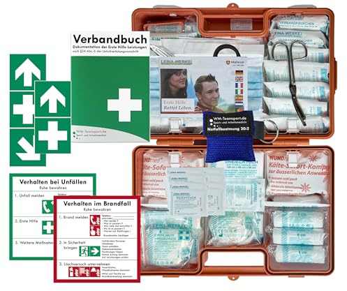 Verbandskoffer/Verbandskasten (G) Typ N -Paket 1- Erste Hilfe nach AKTUELLER DIN 13169 für Betriebe INKL. Verbandbuch + Notfallbeatmungshilfe & FOLIENAUFKLEBER