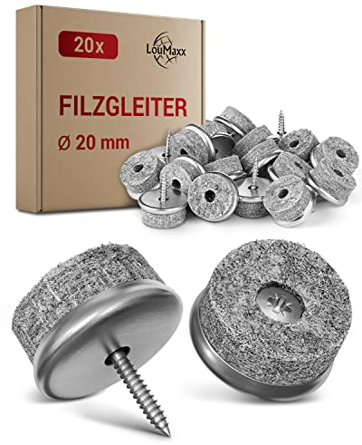 LouMaxx Stuhl Filzgleiter Schrauben rund, Ø 20mm grau - Stuhlgleiter mit 6mm dickem Filz & Metalleinfassung - Filzgleiter für Stühle Schrauben - Premium Stuhlbeinschoner Filz auch für Möbel 20 Stück