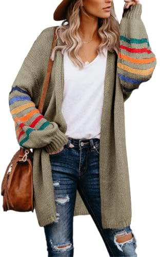 AlvaQ Women's Cardigans Long Sleeve Open Front Oversized Ladies Cardigan | Long Cardigans for Women UK,Womens Cardigan Kimono,Rainbow Striped Color Block Outwear,Knitting Jacket,Loose Fit Sweaters