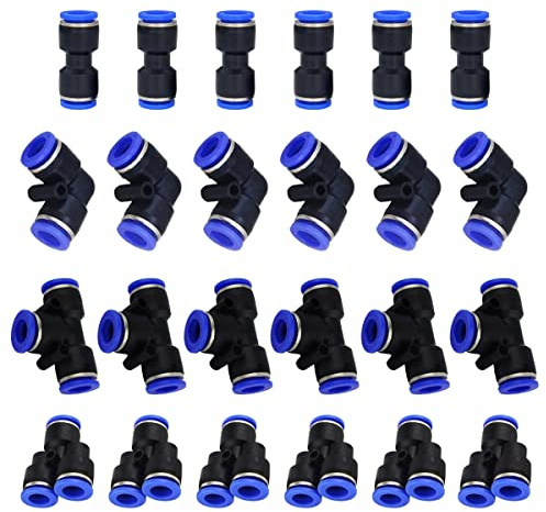 HUAZIZ 24 Stück Pneumatische Armaturen Steckverbinder Air Push Schnellkupplung Verbinder 1/2 Zoll Pneumatische Anschlüsse Push in Fitting Steckverbinder für Druckluftwerkzeuge（Y + L + T + I Typ Combo）