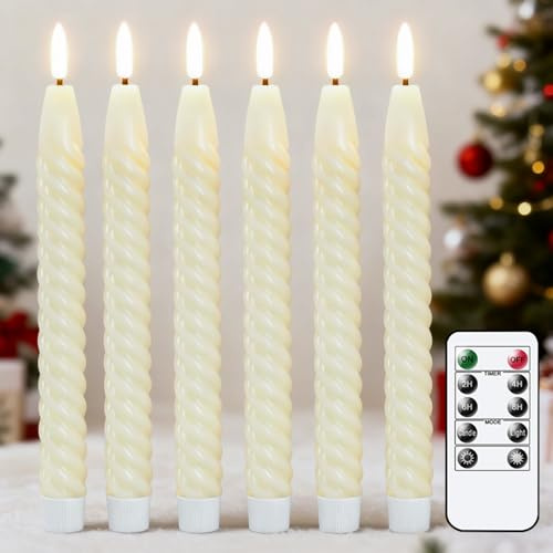 Eldnacele LED Stabkerzen mit Timerfunktion im Spiraldesign, 6er Set | LED Kerzen mit Fernbedienung, flackernde Flamme, Echtwachskerzen, Elfenbein, Ø 2 x 25 cm, Weihnachtsdeko, Hochzeit, Party