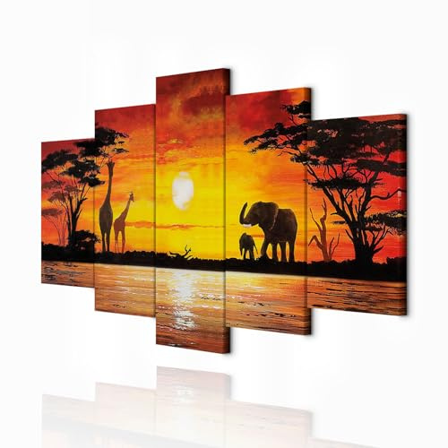 decomonkey Wandbilder Afrika Tiere 150x75 cm 5 Teilig Leinwandbilder | Bild auf Leinwand, Kunstdruck, Wanddeko, Wohnzimmer, Wanddekoration