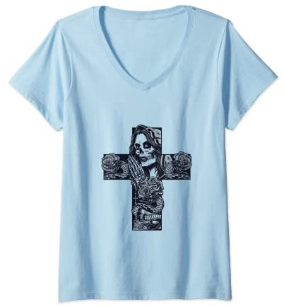 Damen Tattoo Design t shirt, betende Frau Hoodie Kreuz Rosenkranz T-Shirt mit V-Ausschnitt