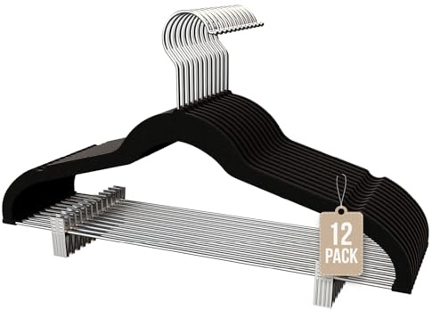 Percha de Terciopelo con Pinzas Negra Pack 12 COM-FORT HOUSE | Pinzas ajustables, Terciopelo antideslizante, Gancho giratorio 360°, Alta resistencia