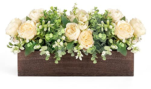 Dahey Centerpiece Table Decorations for Dining Room Farmhouse Table Centerpieces Decor Wood Tray with 3 Artificial Flowers and 2 Eucalyptus for Living Room Kitchen Table, 14.1 x 4.7 x 3.1