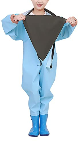 HWBZSZY Kinder Ganze Körper Wathose Anglerhose mit Gummi Stiefel Outdoor Aktivitäten PVC/Nylon Regen Hosen + wasserdichte Bootfoot Einteiliger Regenmantel für Mädchen Jungen,Blau,32 EU