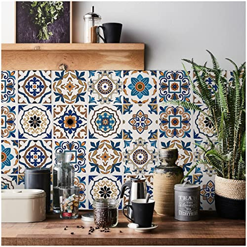Adesivi per piastrelle marocchini per cucina 24 pezzi Piastrelle autoadesive per bagno Adesivi per piastrelle da parete Impermeabili e resistenti all'olio Arte a mosaico vintage (20cm x 20cm, 8x8