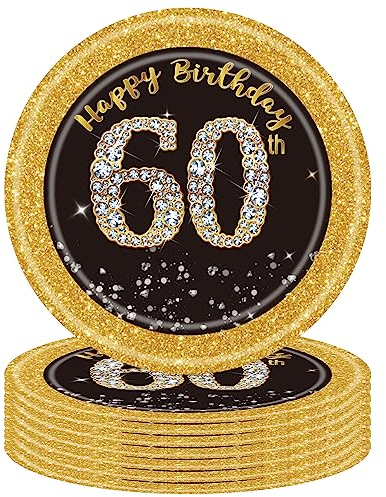 16 Stück 60. Geburtstag Pappteller Schwarz Gold,7 Zoll 17,8cm Happy 60th Birthday Schwarz-goldene Pappteller Einweg Deko 60. Geburtstag Partygeschirr für Männer Frauen 60. Geburtstag Party Dekoration