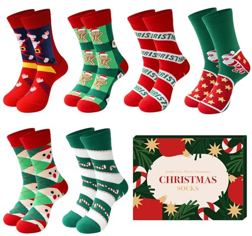 Niofind Chaussette de Noël Femme Homme, Chaussettes Noel Rigolotes Motif Drôle Colorées pour Adulte Unisexe, pour Les Cadeaux de Noël, 37-46, 6 Paire