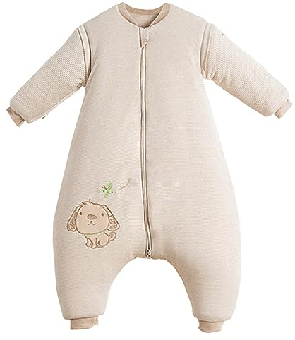 Chilsuessy Baby Winter Schlafsack mit Füßen und abnehmbar Langarm Pyjamas aus Bio Baumwolle kleine Kinder Schlafsack für Baby 1 bis 6 Jahre, Streifen Welpe/3.5 Tog Verdickt, S/Koerpergroesse 80-90cm