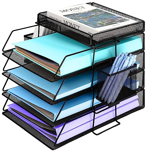 Briefablage für Büro, Dokumentenablage mit Stifthalter, 4-Fach Schreibtisch Organizer Metall, Papierablage Mesh, Ablagefächer Stapelbar, Briefschublade, Büro Organizer, Papierablagefach