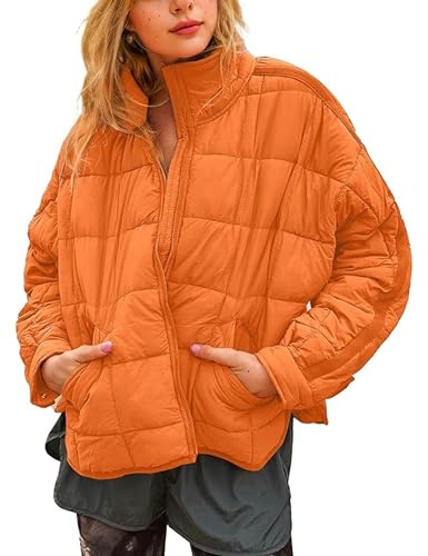 Omoone Women's Quilted Puffer Jacket Zip Up Oversized Lightweight Padded Down Coat Outerwear(3877-Orange-M)