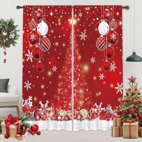 LIVUCEE 82 Wx 84 L Christmas Curtains Snowflake Window Curtain Red Sheer Voile Curtains Xmas Ball Glitter Sparkle Snow Rod Pocket Window Treatment for Living Room Bedroom Kitchen Home Decor
