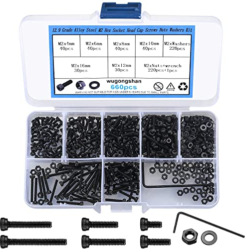 660 Pezzi M2 Viti e Bulloni e Dadi Set, Set di Viti a Esagono Incassato e Bulloni e Dadi e Rondelle Kit, Viti a Testa a Esagonale Bussola, Vite e Rondelle a Testa Brugola, Nere