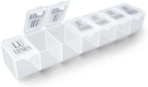 Pastillero Semanal 1 Toma Español, Pastillero Transparente Diario con 7 Compartimentos, Pastillero Portátil de 7 Días, Clasificador de Medicamentos y Dispensador Comprimidos para Viaje, Rectángulo