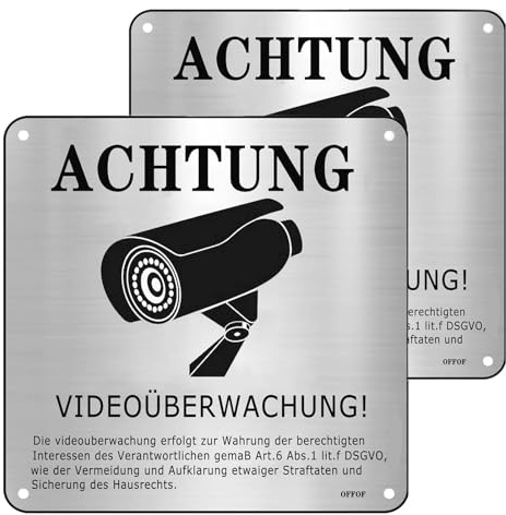 OFFOF 2 Stück Videoüberwachung Schild mit DSGVO Hinweis 15x15cm,Privatgrundstück Aluminium Achtung Selbstklebend Kameraüberwachung Wasserfest, UV-beständig für Zuhause oder Unternehmen