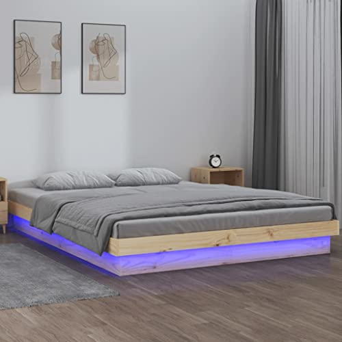 ULUYYUC Massivholzbett, Bodenbett Palettenbett Bettgestell Gästebett Geeignet für Arbeitszimmer Wohnbereich Schlafzimmer Zimmer Mieten mit LED-Beleuchtung 120x200 cm