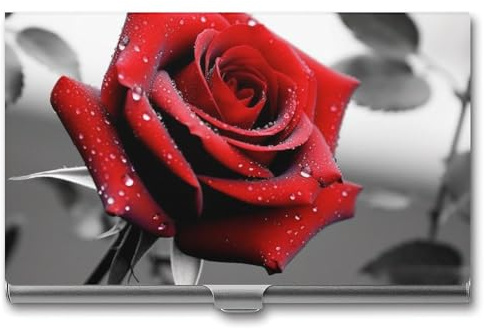 GFLFMXZW Visitenkartenhalter Metall Visitenkartenetui für Männer Frauen Taschen-Kartenhalter Schwarz und Weiß Rot Rose Namenskartenhalter Kreditkarte Brieftasche Ausweishülle Schnalle Stil Verschluss