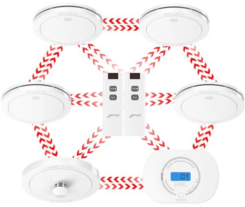 CPVAN Wireless Interlinked Smoke, Heat & Carbon Monoxide Alarm Bundle, Scotland & England Law Compliant | 10-year Battery Life, Pre-Linked Fire Detectors for Home,6 Pack + 2 Remote（2nd Generation）