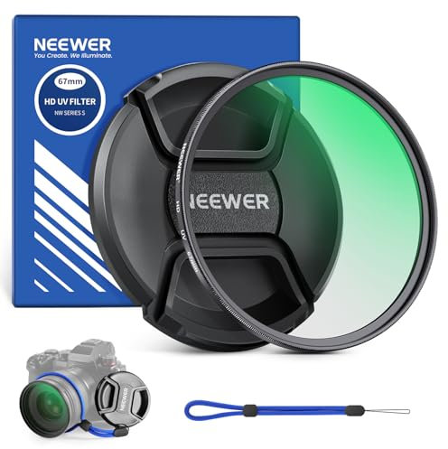 NEEWER Filtre UV MC de Protection de 67 mm avec Cache d'objectif, revêtements Nano Multi résistants/Verre Optique HD/Hydrofuge/Anti-Rayures/Cadre Ultra Fin en Alliage Aluminium/Filtre Ultra Violet