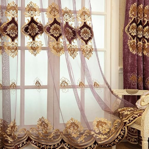 KEKUYA Voile Gardinen Transparent Ösenvorhang Wohnzimmer Schlafzimmer Luftig Dekoschal und Sonnenlichtfilterung 2er Set 229 x 229 cm(BxH) Lila Stickerei