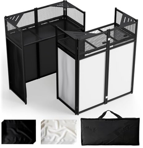 RDCMKL DJ Table Stand Portable Booth, All-Metal Heavy-Duty Foldable DJ Stand, Iron Plate Surface DJ Facade Booth, with 8 Machine-Washable Scrims, Travel Bag