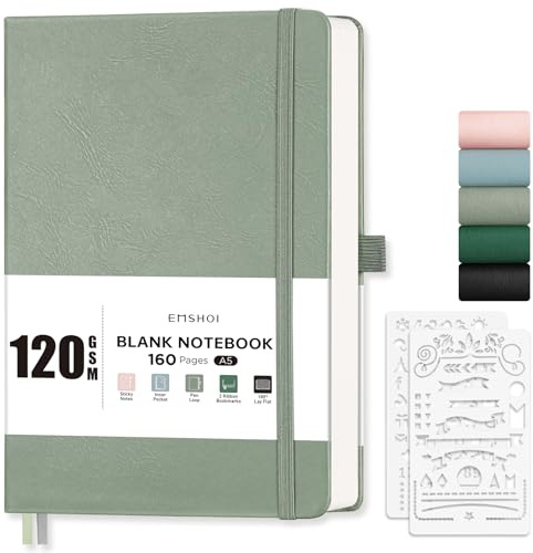 EMSHOI A5 Blank Notebook, Hardcover Journal, 160 Pages, 120GSM, Light Green | PU Leather Sketch Book with Doodle Stencil, Art Sketchbook for Women Men Work School Drawing, 14.5 x 21cm